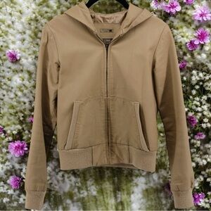 Vintage Y2K Buckle Tan‎ Leather Hooded Granola Girl Moto Jacket Size M